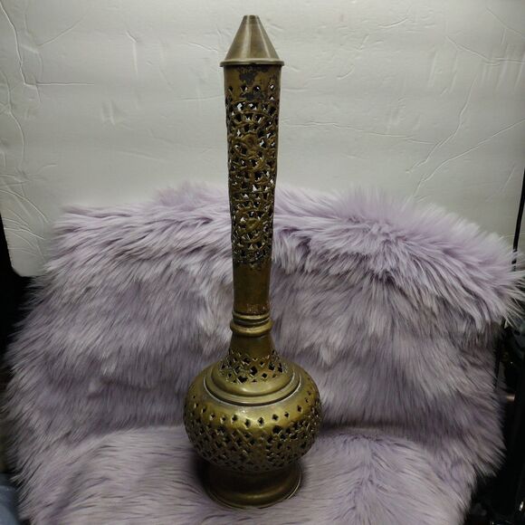 Antique Pierced Brass 20" Tall Moroccan incense burner aka Mabkhara - Picture 1 of 6